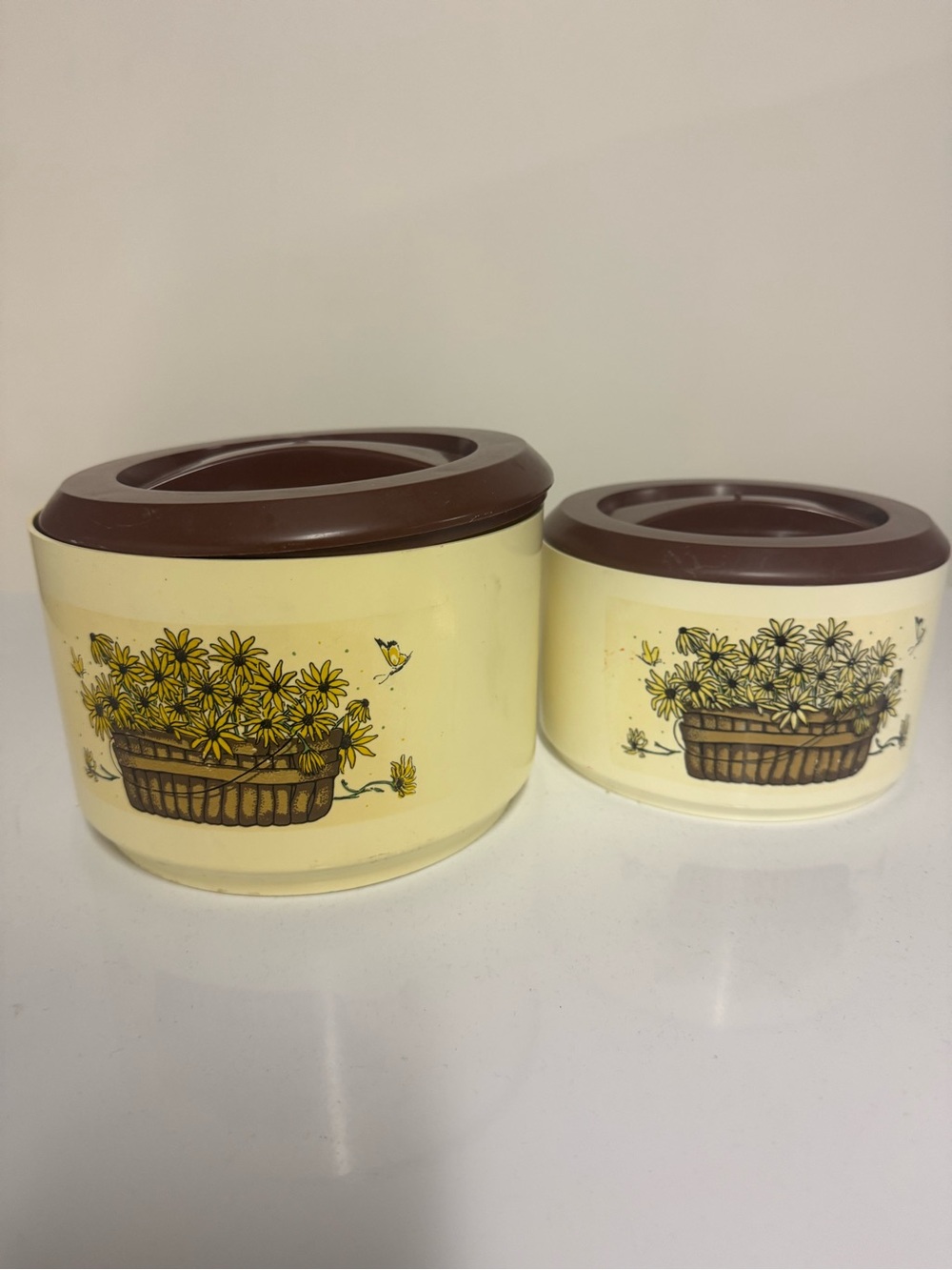 Vintage Floral Plastic Storage Canisters - Cream and Brown